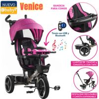 Triciclo Guiador para Niños Usb y Bluetooh Venice Rosado