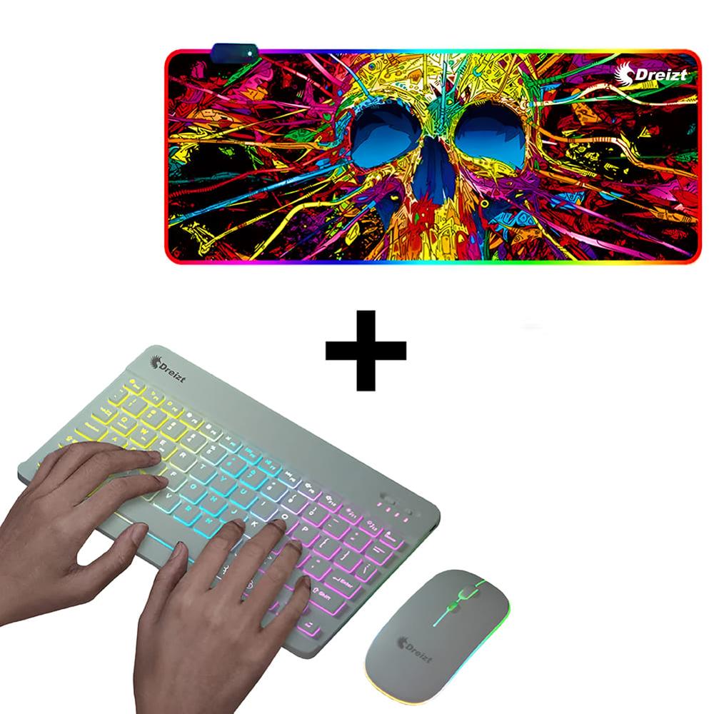 Combo Kit Teclado y Mouse Luces RGB Inalámbrico Blanco + Mousepad Gamer CALAVERA XL 80cm x 30cm