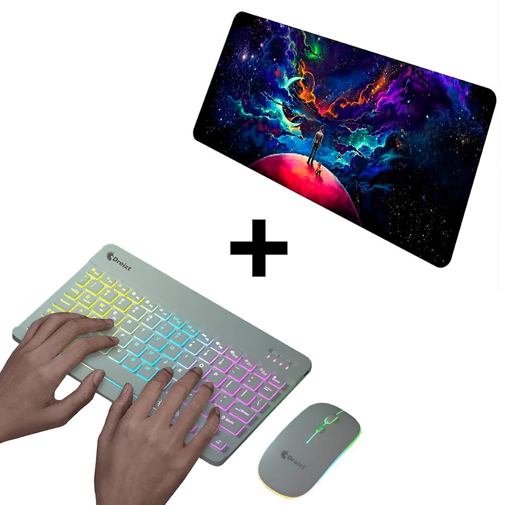 Combo Kit Teclado y Mouse Luces RGB Inalámbrico Blanco + Mousepad Gamer Galaxia XL 80cm x 30cm