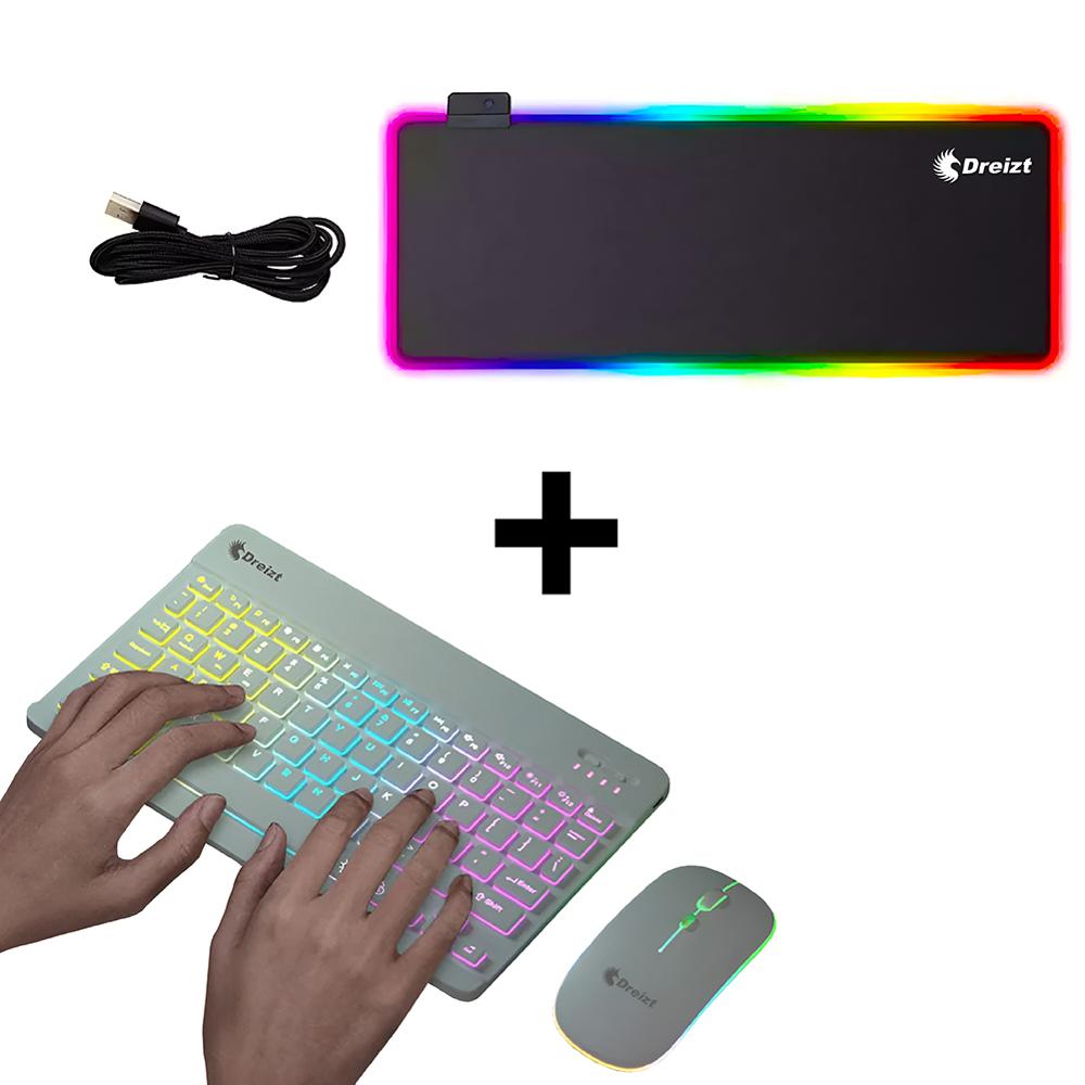 Combo Kit Teclado y Mouse Luces RGB Inalámbrico Blanco + Mousepad Gamer RGB Multicolor XL 80cmx30cm
