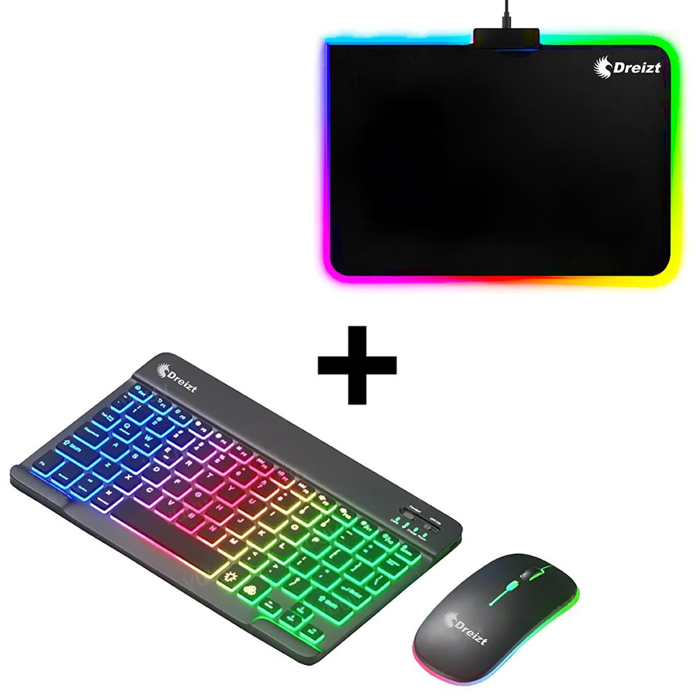 Combo Kit Teclado y Mouse Luces RGB Inalámbrico Negro + Mousepad Gamer DREIZT Multicolor 30CM X 25CM