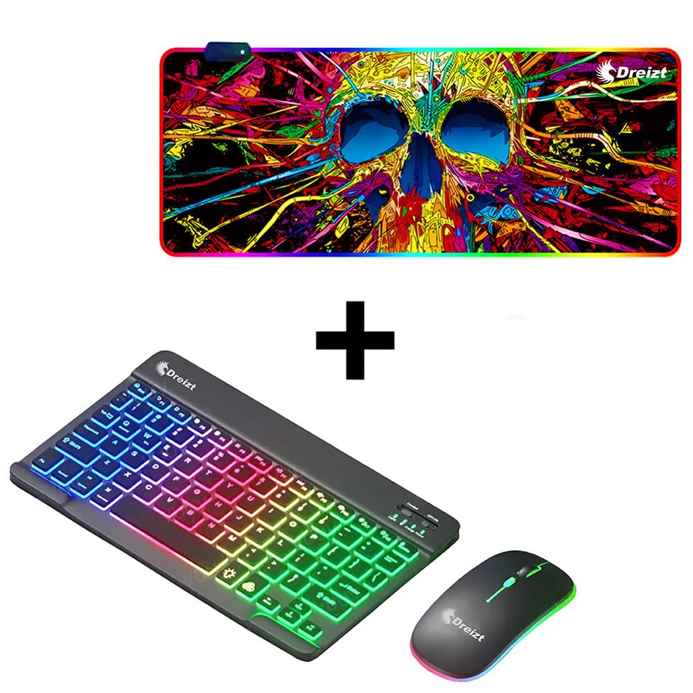 Combo Kit Teclado y Mouse Luces RGB Inalámbrico Negro + Mousepad Gamer CALAVERA XL 80cm x 30cm