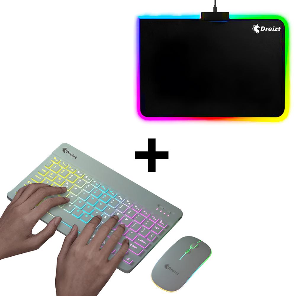 Combo Kit Teclado y Mouse Luces RGB Inalámbrico Blanco + Mousepad Gamer RGB Multicolor 30CM X 25CM