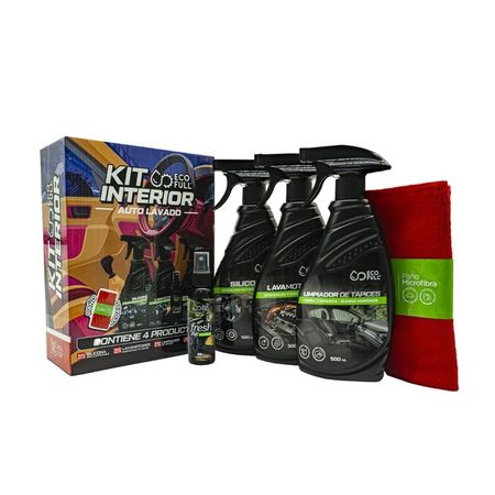 Kit de Limpieza Automotriz ECOFULL: Silicona + Limpiador de Tapices + Lavamotor + Ambientador + Paño Ecofull Blanco