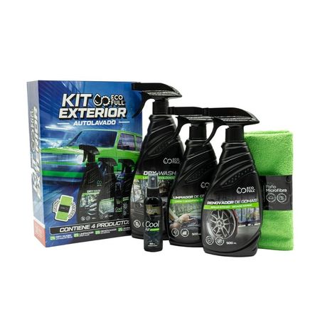 Kit Exterior Drywash + renovador gomas + limpiador cristal + ambientador + paño Ecofull