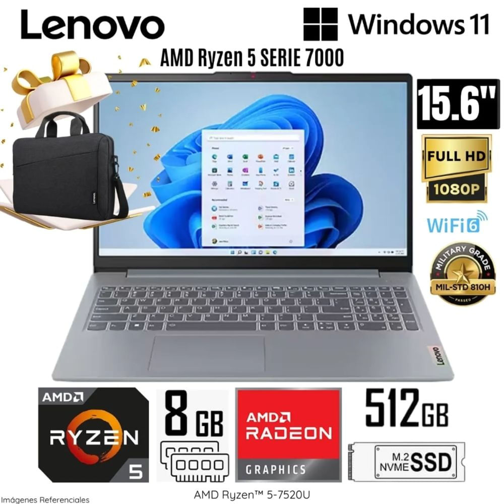 Laptop Lenovo Ideapad Slim 3 AMD Ryzen 5-7520U 8GB RAM 512GB SSD 15.6"" FHD 82XQ00LTLM + Maletín