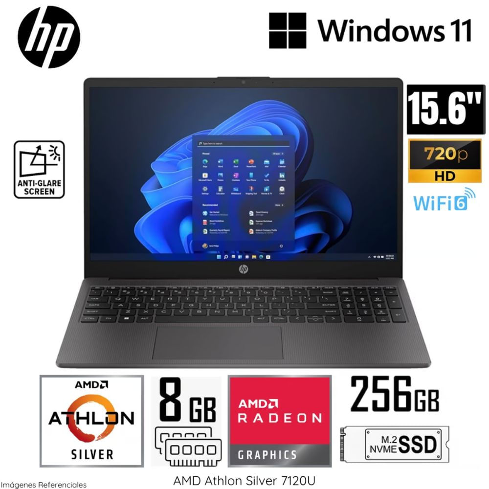 Laptop HP 255 G10 AMD Athlon Silver 7-120U 8GB RAM 256GB SSD 15.6"" HD WIN 11 (9E527LA#ABM) - Gris
