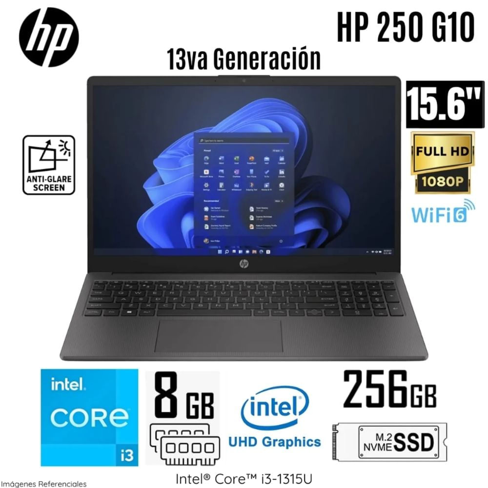 Laptop HP 250 G10 Intel Core i3-1315U 8GB RAM 256GB SSD 15.6 Pulg. HD Free Dos - 81H23LT