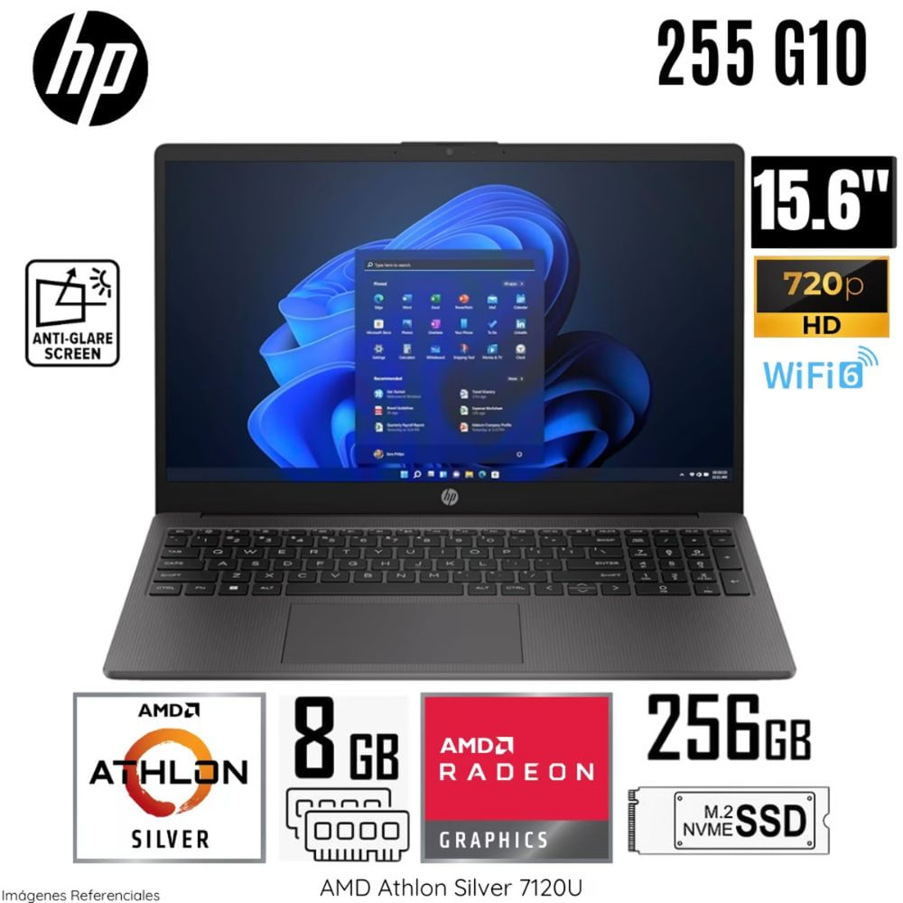 Laptop HP 255 G10 AMD Athlon Silver 7-120U 8GB RAM 256GB SSD 15.6"" HD Free Dos (9E527LA#ABM) - Gris