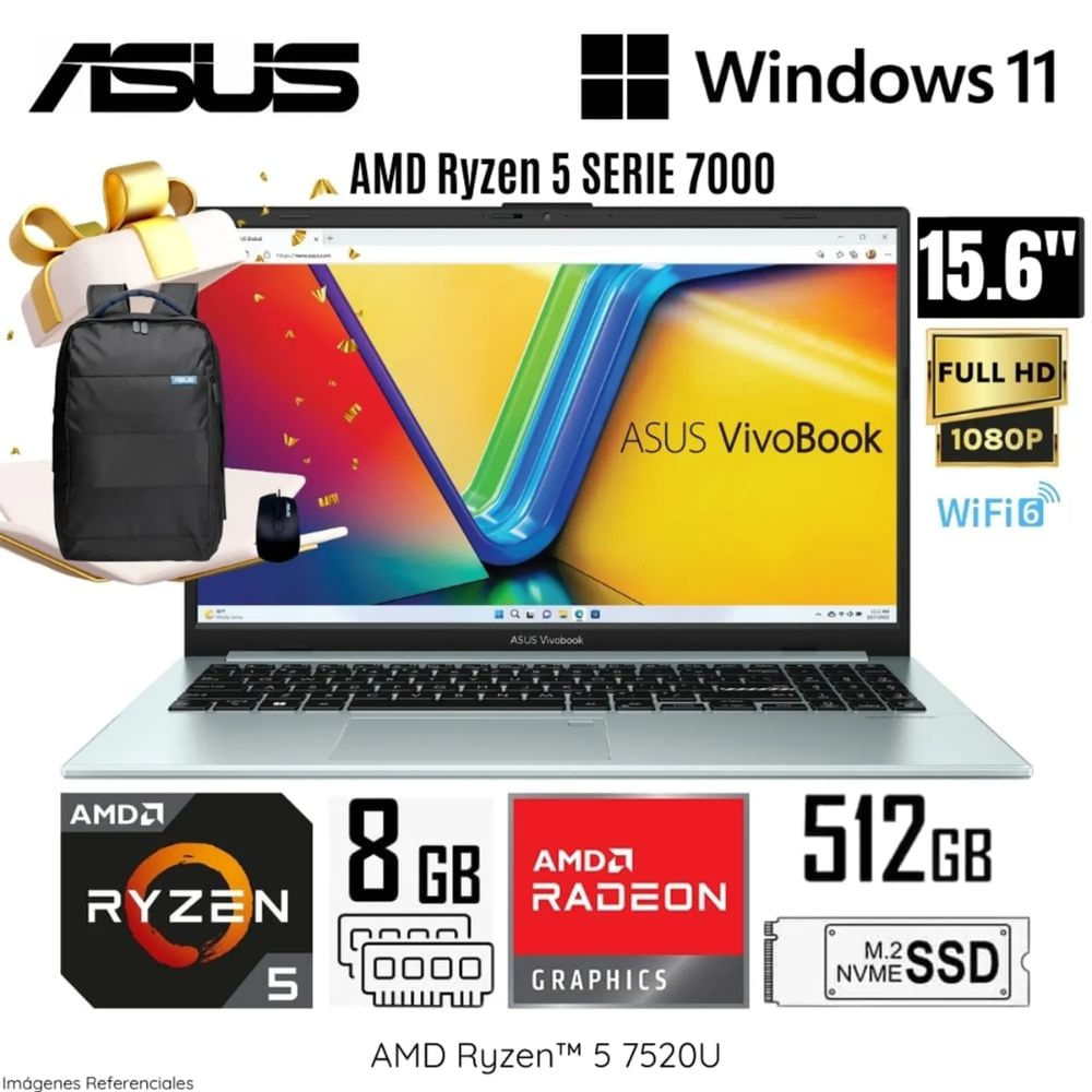 Laptop Asus VivaBook Go 15 E1504FA AMD Ryzen 5 7520U 8GB RAM 512GB RAM 15.6"" FHD + Mochila y Mouse