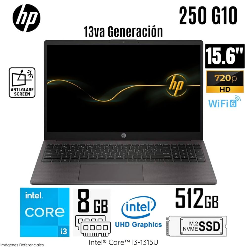 Laptop HP 250 G10 Intel Core i3-1315U 8GB RAM 512GB SSD 15.6"" HD - A29CMLA