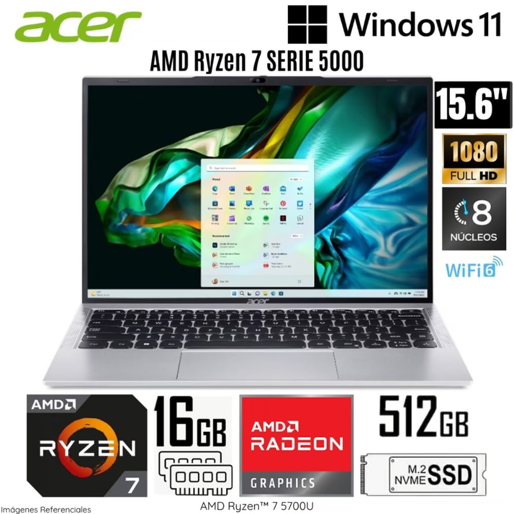 Laptop Acer Aspire AL15-41P-R27P AMD Ryzen 7-5700U 16GB RAM 512GB SSD 15.6"" FHD Light Silver