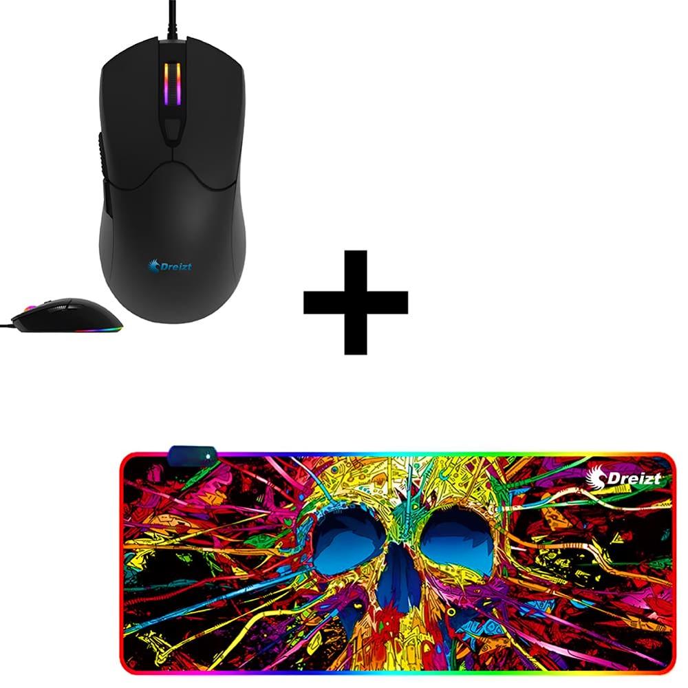 Mouse Gamer DreiztMate GR270037 12,800 dpi Negro + Mousepad Gamer DREIZT RGB CALAVERA XL 80cm x 30cm