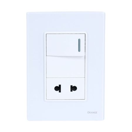 Placa Armada Orange: Interruptor + Tomacorriente Vitro Blanco