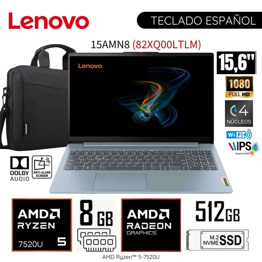 Laptop Lenovo Slim 3 15AMN8 AMD Ryzen 5-7520U 8GB RAM 512GB SSD 15.6"" FHD 82XQ00LTLM WIN11+ MALETIN