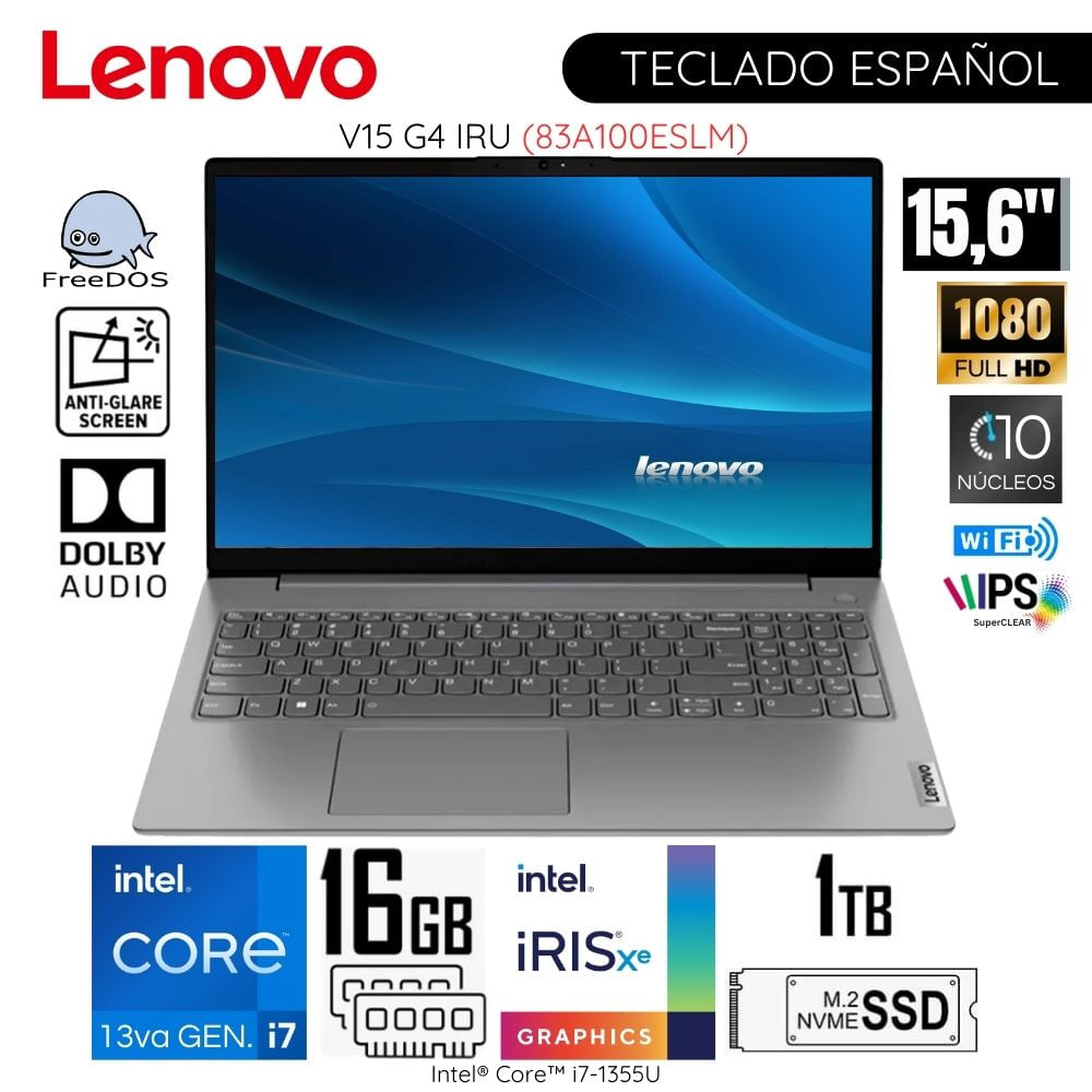 Laptop Lenovo V15 G4 IRU 15.6"" FHD Intel Core i7-1355U 16GB RAM 1TB SSD 83A100ESLM