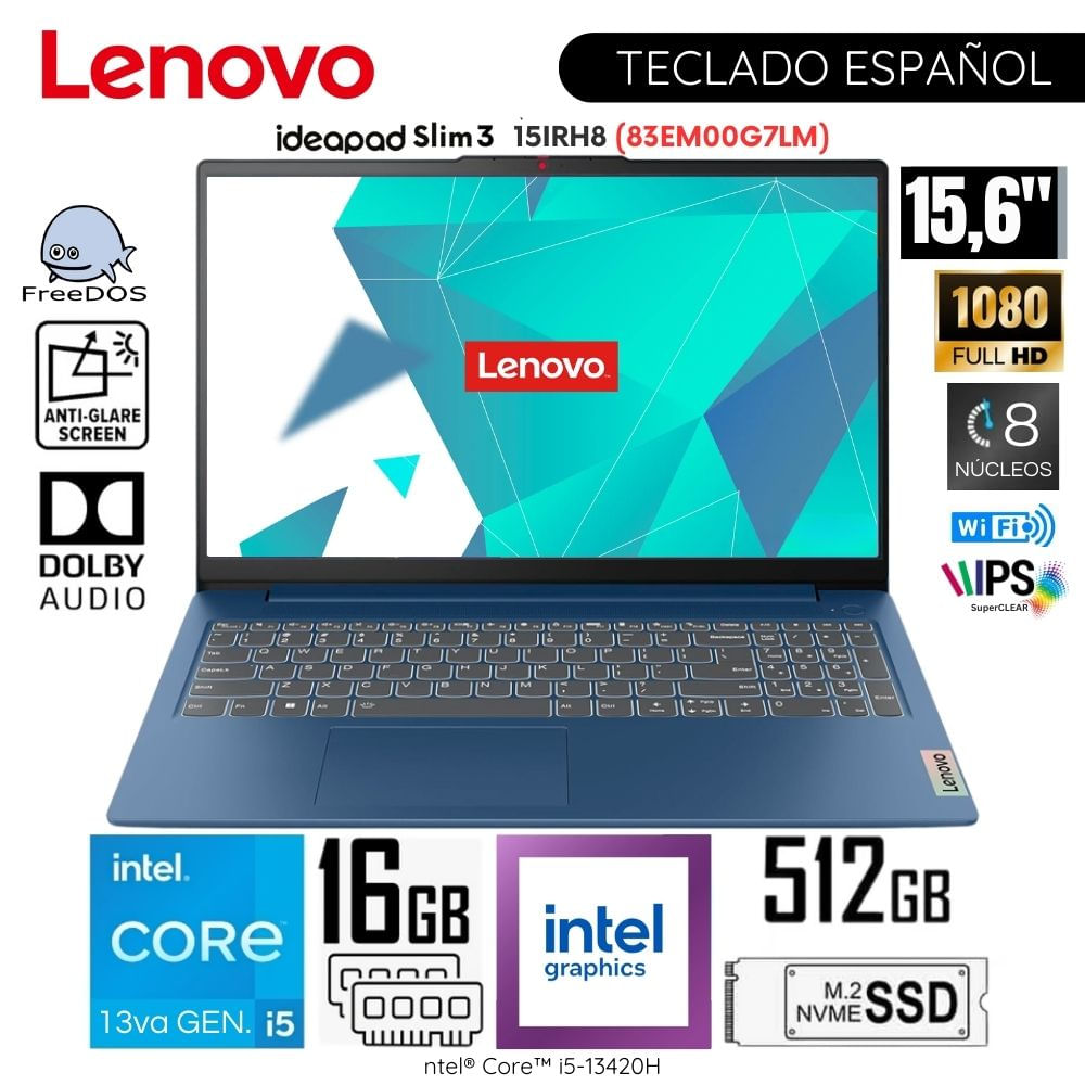Laptop Lenovo Ideapad Slim 3 15IRH8 15.6” FHD Intel Core i5-13420H RAM 16GB SSD 512GB 83EM00G7LM