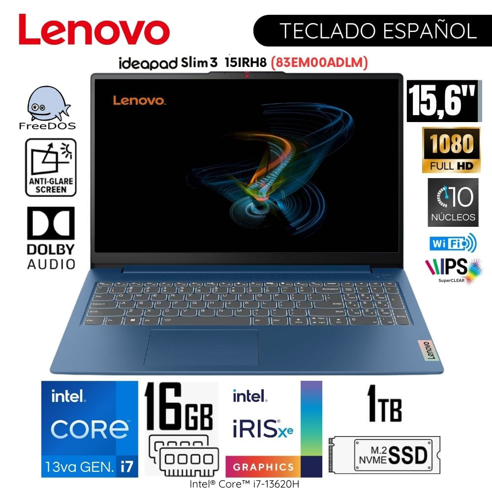 Laptop Lenovo IdeaPad Slim 3 15IRH8 Intel Core i7-13620H 16GB DDR5 RAM 1TB SSD 15.6"" FHD 83EM00ADLM