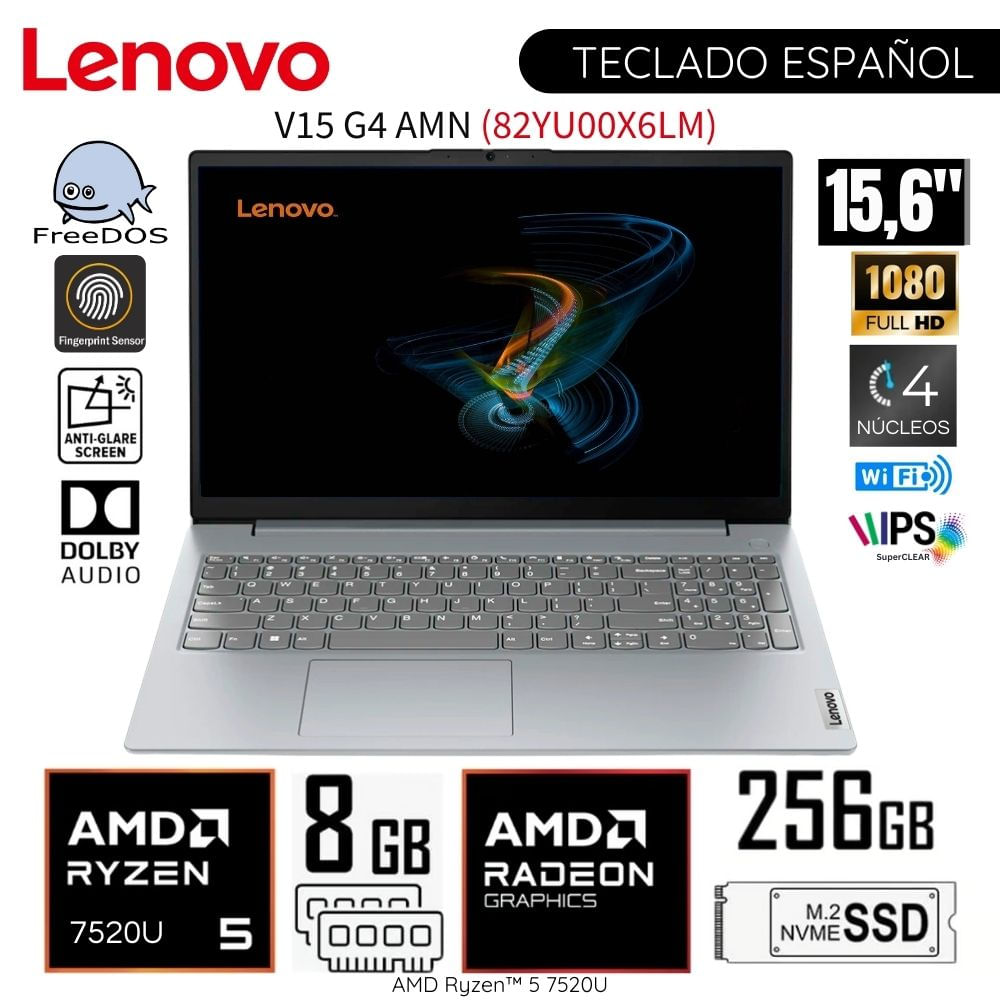 Laptop Lenovo V15 G4 AMN AMD Ryzen 5-7520U 8GB RAM 256GB SSD 156 FHD 82YU00X6LM