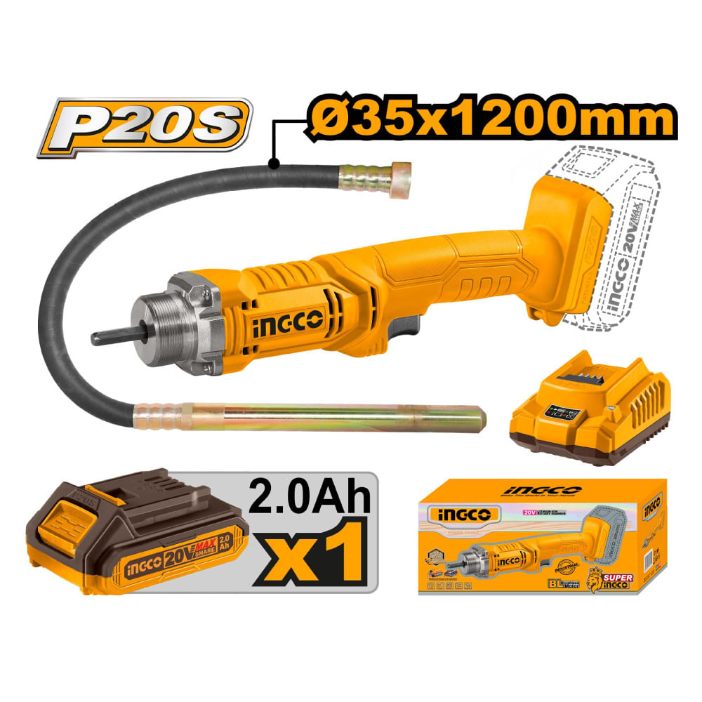 Vibradora de Concreto Ingco 20V  Batería 2.0AH  con Cargador CCVLI2023011