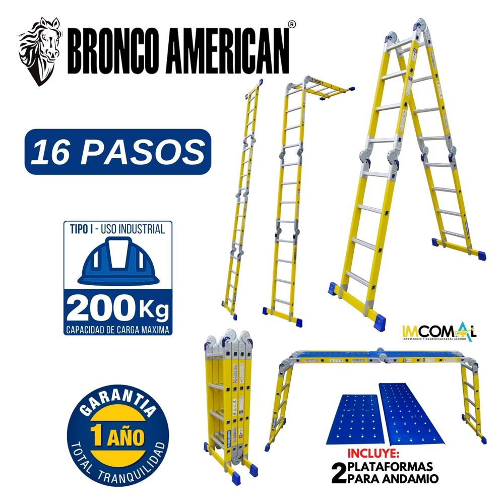Escalera Fibra de Vidrio Multiposición de 16 Pasos 4x4 con Cap. Carga Max: 200 Kg Bronco American