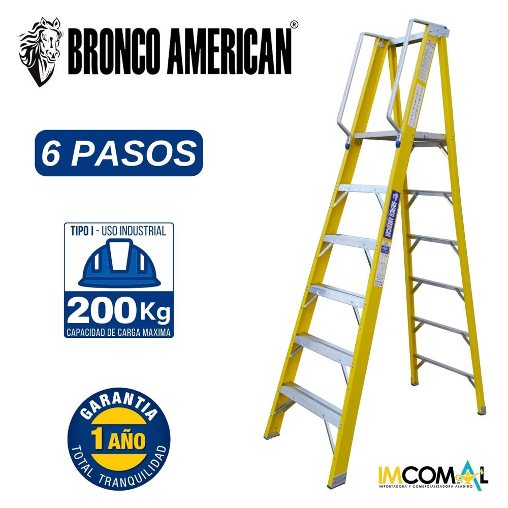 Escalera Fibra de Vidrio Tijera Plataforma de 6 Pasos Cap. Carga Max: 200 Kg Bronco American