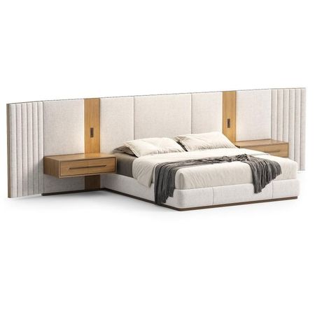 Cama Tapizada Antu + 2 Veladores - Beige y Marrón