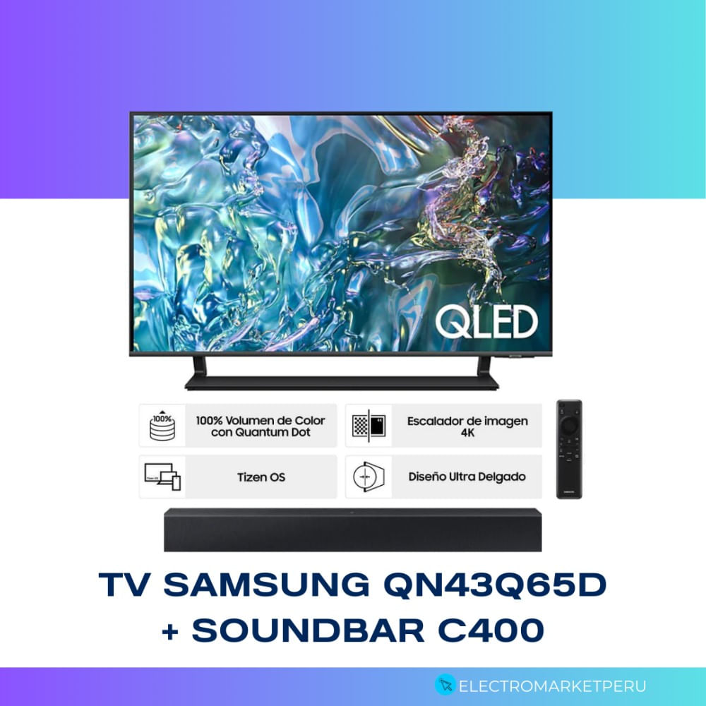 Smart TV QLED 4K SAMSUNG 43"" Q65D Tizen Incluye Control Solar + Soundbar C400