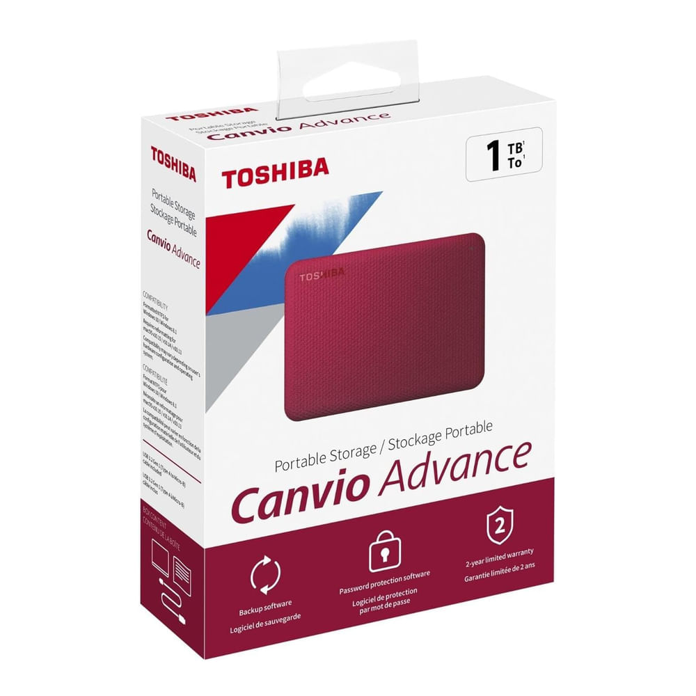DISCO DURO EXTERNO TOSHIBA CANVIO ADVANCE, 1TB, USB 3.0, ROJO - P/N: HDTCA10XR3AA