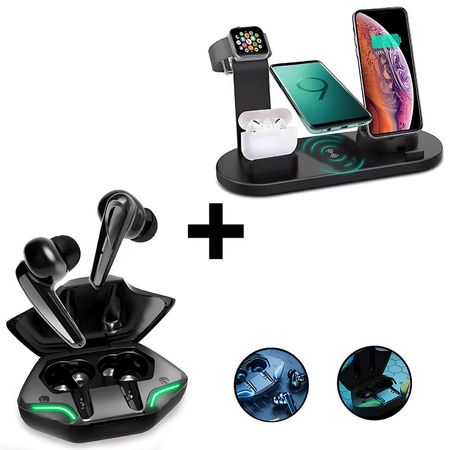 Combo Estación De Carga Inalámbrica + Audífonos Inalámbrico Bluetooth G11 Gamer Negro