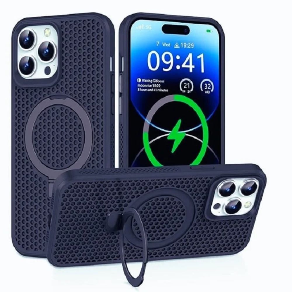 Case moket con soporte y magsafe para iphone 15 pro max azul