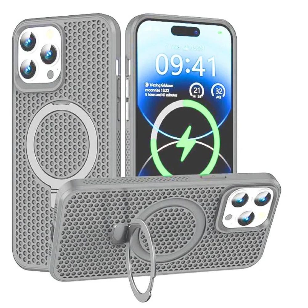 Case moket con soporte y magsafe para iphone 14 pro max gris