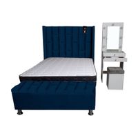 Dormitorio Boreti 2 Plz + Cabecera + Tocador + Puff + Baúl - Azul Marino