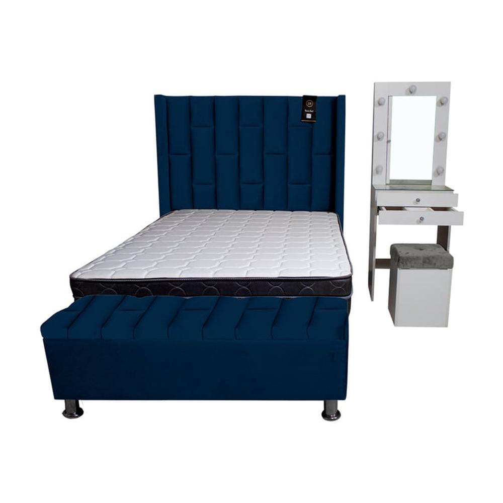 Dormitorio Boreti 2 Plz + Cabecera + Tocador + Puff + Baúl - Azul Marino