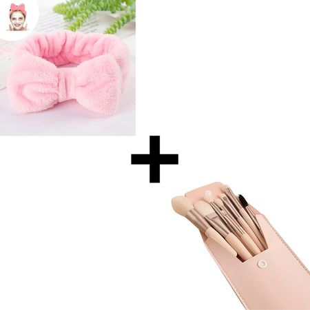Vincha Skincare Limpieza Facial Rosado + Brochas de Maquillaje 8 piezas con Estuche Rosado
