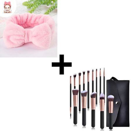 Vincha Skincare Limpieza Facial Rosado + Brochas de Maquillaje 15 piezas Negro