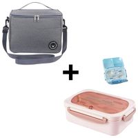 Lonchera Térmica Bolsa Almuerzo con Correa Gris + Lonchera Taper de Alimentos + Cubiertos Rosado