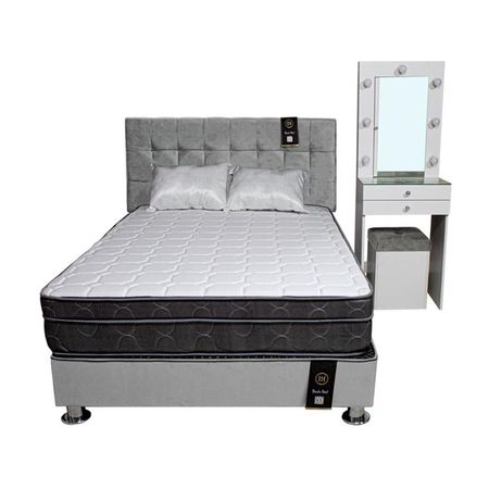 Dormitorio Coquette 2 Plz + Cabecera + Tocador + Puff - Gris Claro
