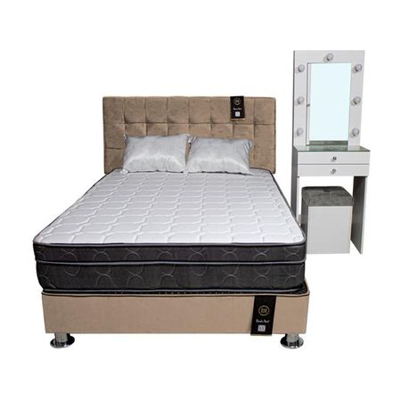 Dormitorio Coquette 2 Plz + Cabecera + Tocador + Puff - Beige Claro