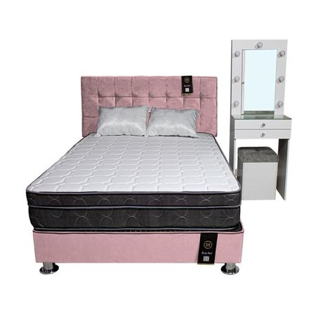 Dormitorio Coquette 2 Plz + Cabecera + Tocador + Puff - Rosado