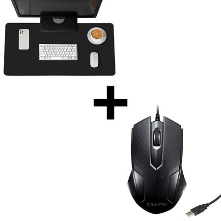 Mouse Ergonómico Usb Pc Laptop Computadora Negro PLaypro TYM350006 + mousepad para escritorio negro