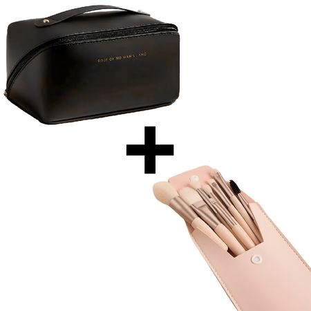 Combo Neceser Estuche de Cosméticos Negro + Brochas de Maquillaje Set 8 piezas con Estuche Rosado