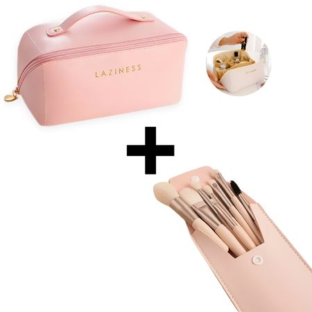 Combo Neceser Estuche de Cosméticos Rosa + Brochas de Maquillaje Set 8 piezas con Estuche Rosado