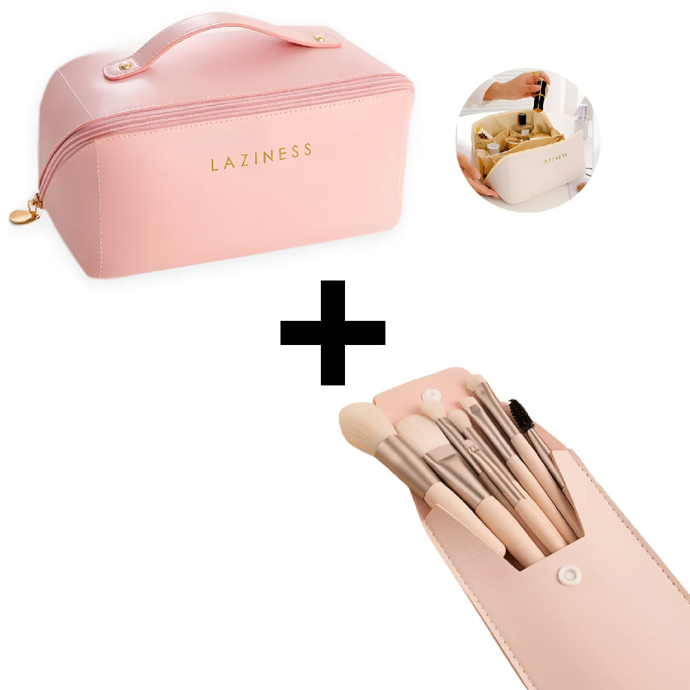 Combo Neceser Estuche de Cosméticos Rosa + Brochas de Maquillaje Set 8 piezas con Estuche Rosado