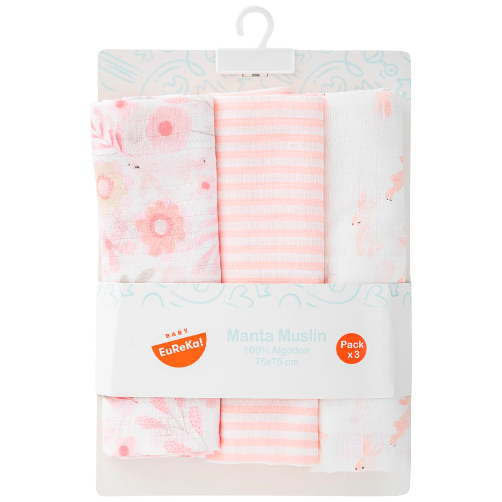 Cuna Manta Muselina Flores y Conejito Pack x3 BABY EUREKA