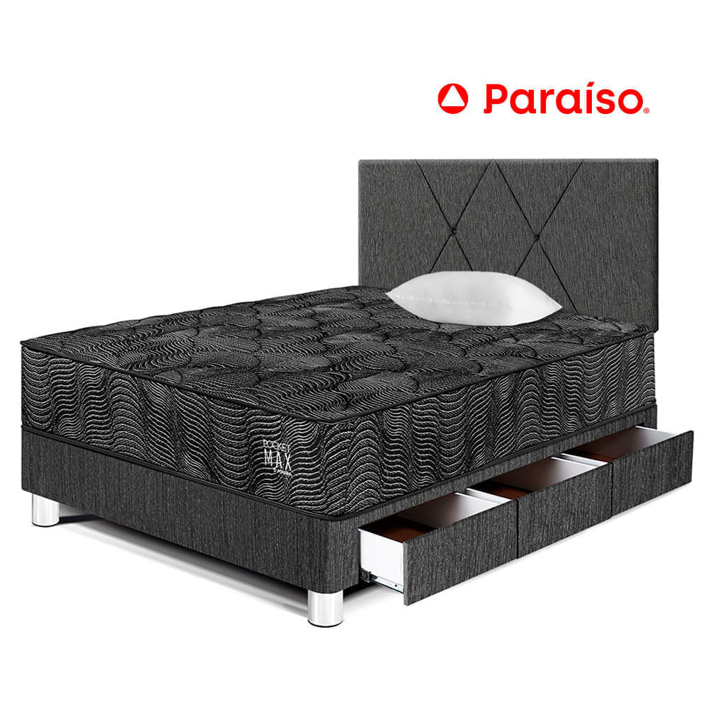 Dormitorio Pocket Max Black 1.5 Plazas Con Cajones + Respaldo Charcoal