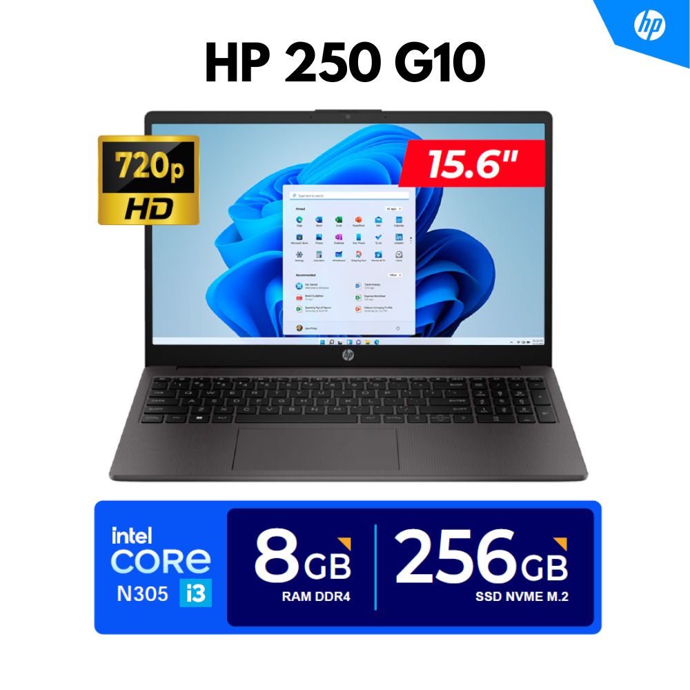 LAPTOP HP 250 G10 15.6"" HD LED Core i3-N305 3.80GHz 8 Núcleos 8GB DDR4-3200MHz 256GB SSD FREEDOS