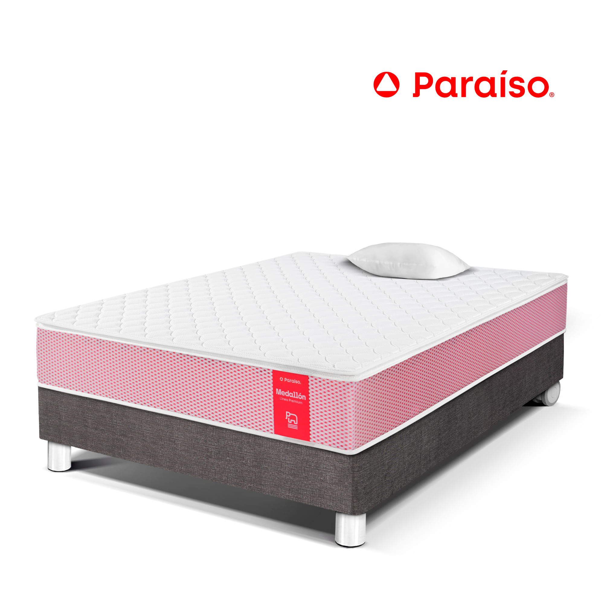 Cama Box Tarima PARAISO Medallón Ergosoft 1.5 Plazas + 1 Almohada + Protector