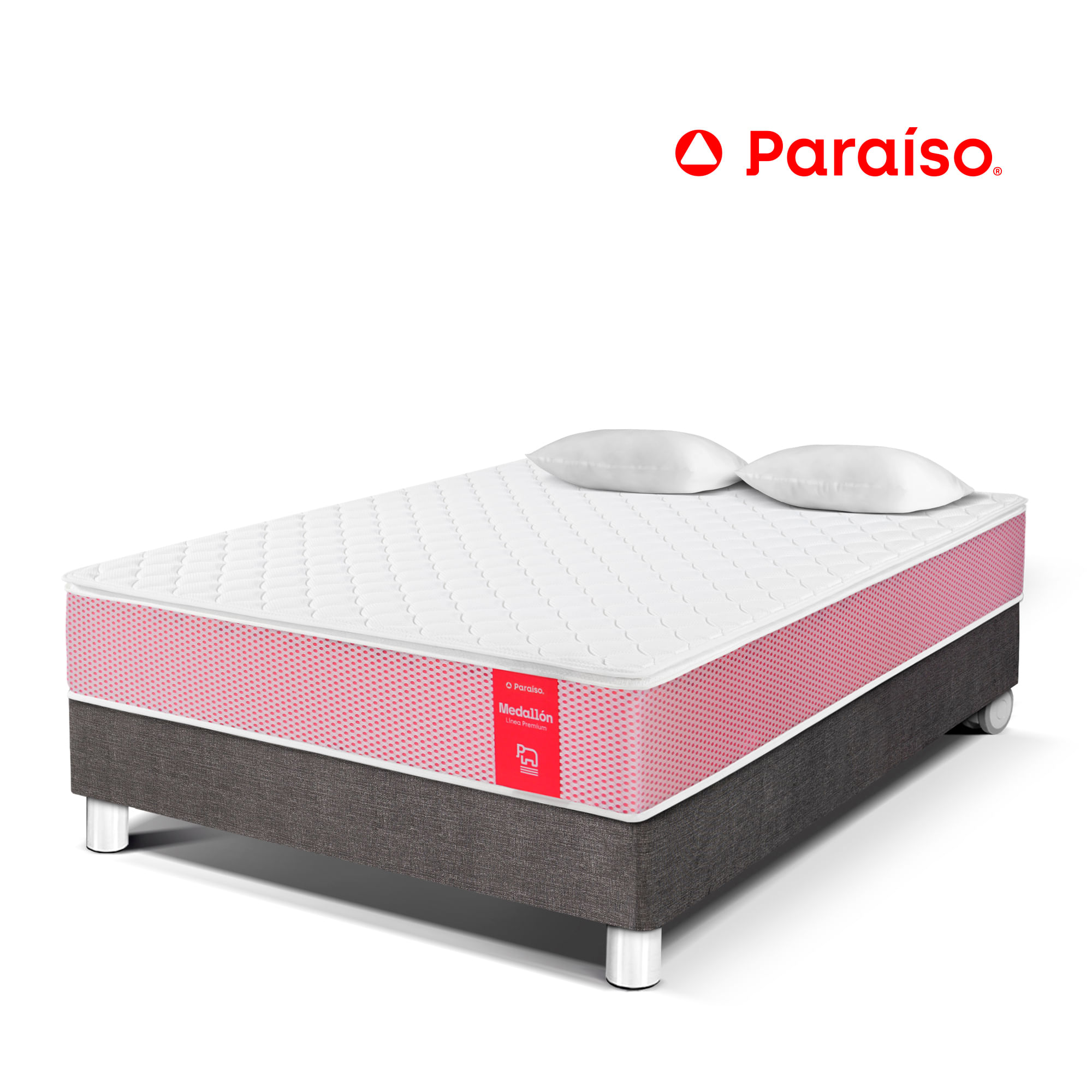 Cama Box Tarima PARAISO Medallón Ergosoft 2 Plazas + 2 Almohadas + Protector