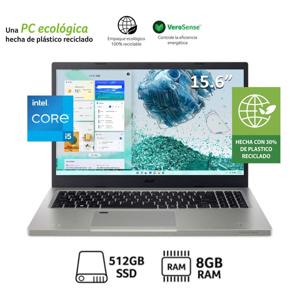 Laptop Acer Ecológica Aspire Vero AV15-51-567Y Intel Core i5 8GB RAM 512GB SSD 15.6""